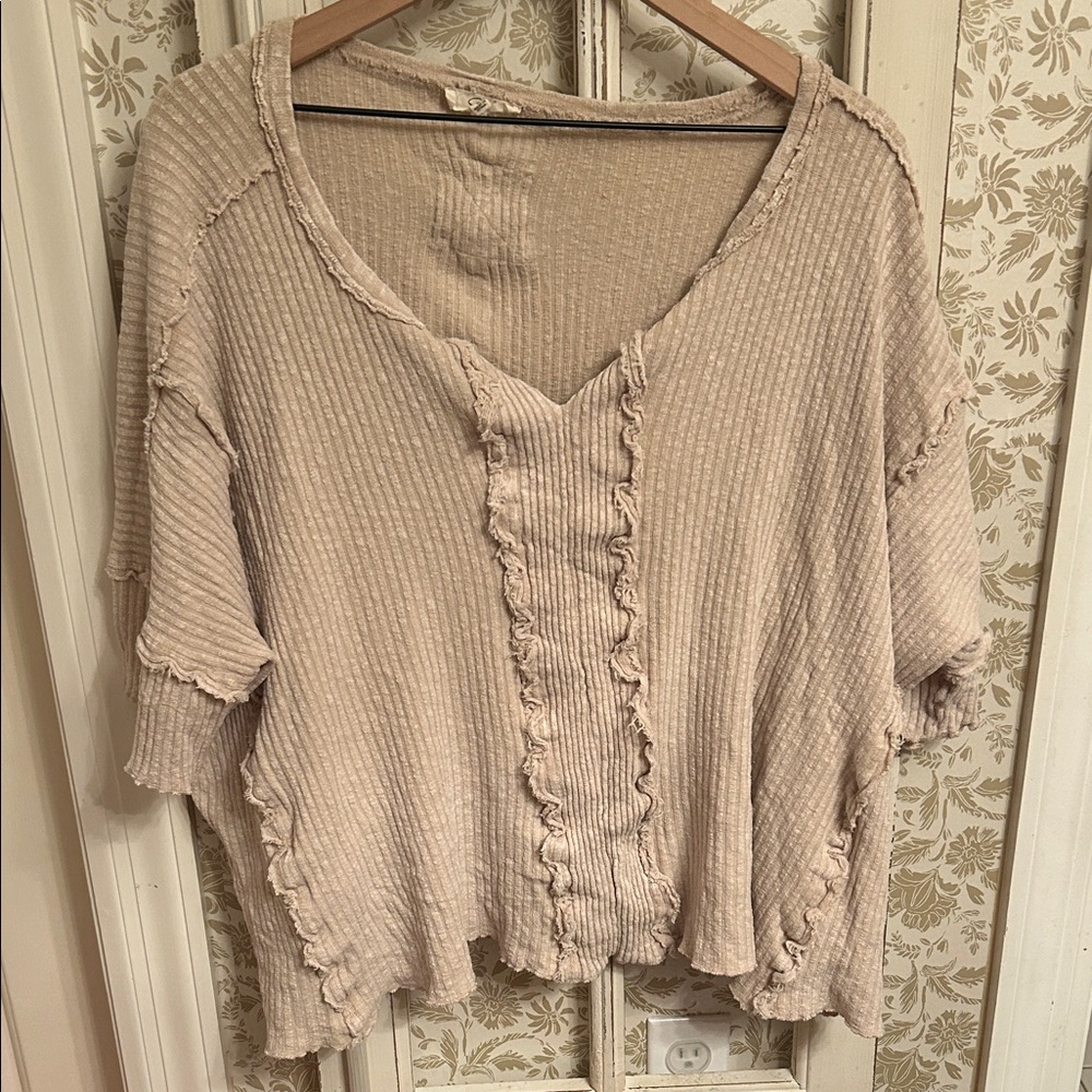 easel Beige Ruffled Thermal Knit Women's Top